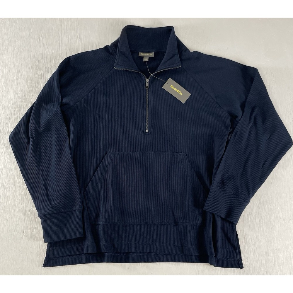 New Style & Co Women's Blue Waffle-Knit Quarter Zip Top Macy's Exclusive Women L